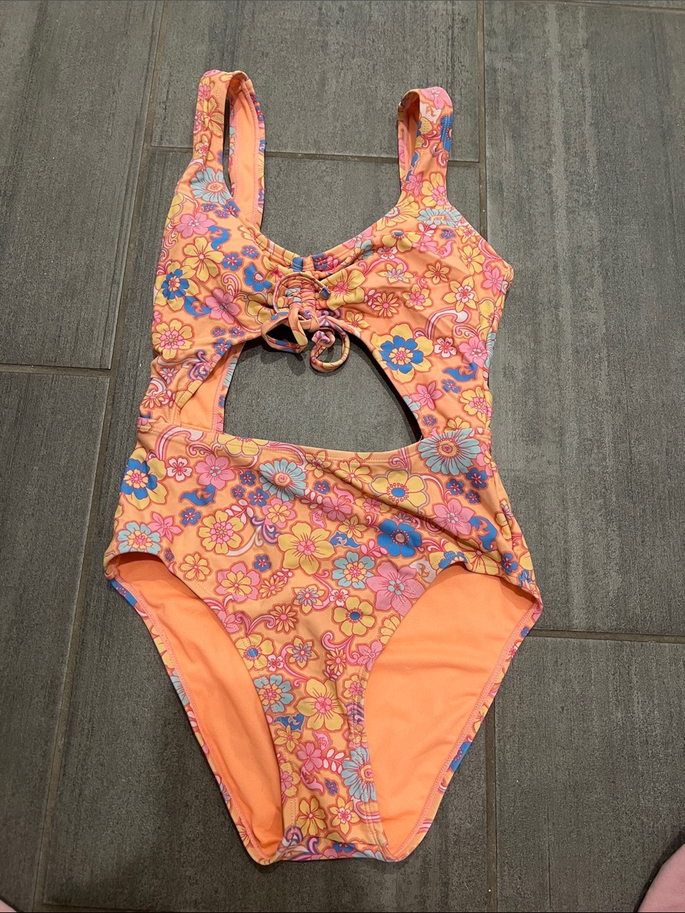Orange Floral One-Piece Swimsuit with Cutout
